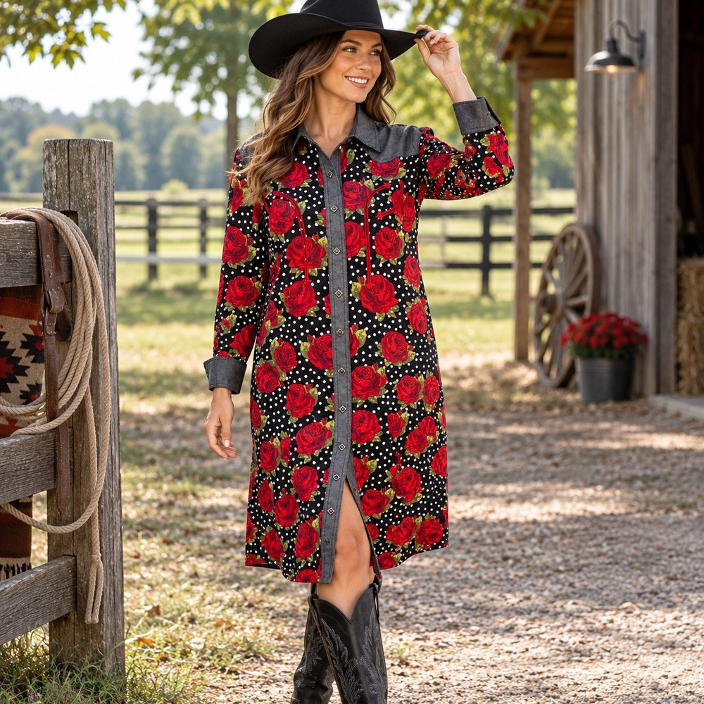 Ariat x Rodeo Quincy Punchy Polkadot Rose Western Shirt Dress XL Cowgirl Chic